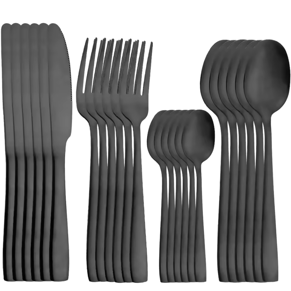 Jogo de Talheres Preto Fosco em Aço Inox - Kit 24 Peças