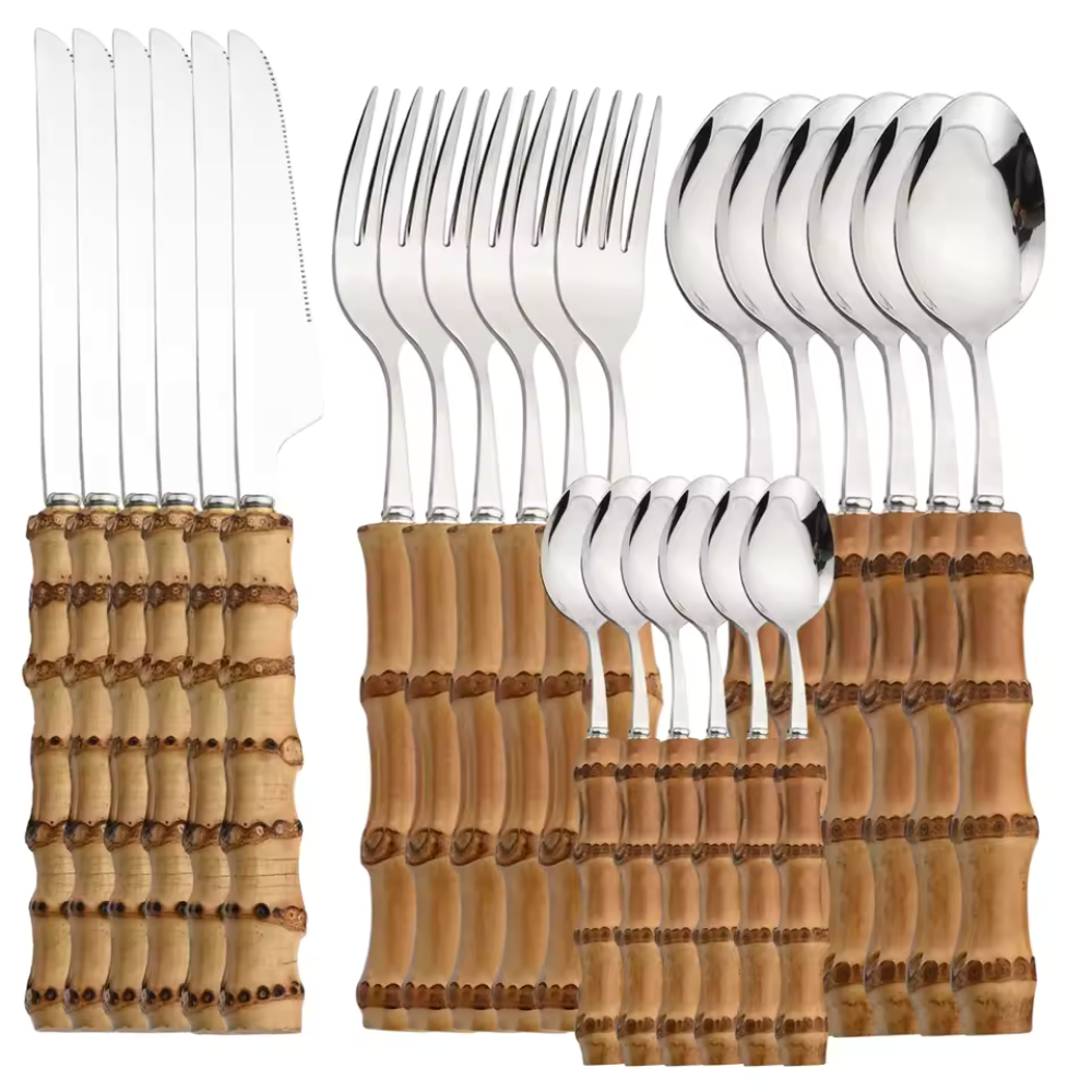 Jogo de Talheres em Aço Inox com Cabo de Bambu Natural - Kit 24 Peças