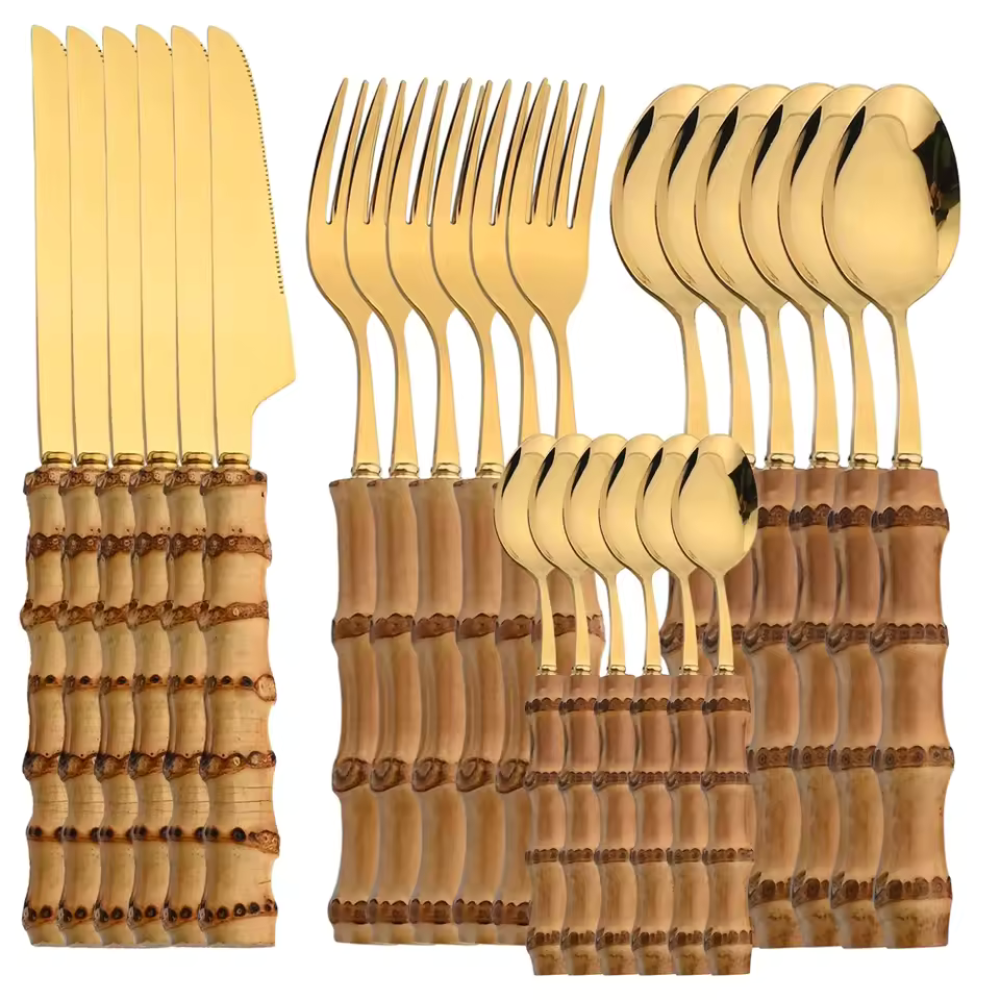 Jogo de Talheres em Aço Inox com Cabo de Bambu Natural - Kit 24 Peças