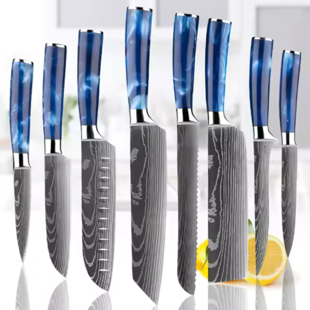 Kit Facas de Aço Damasco Safira para Churrasco - 10 Peças