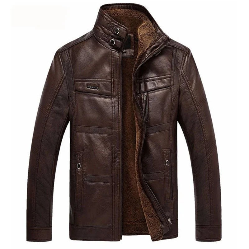 Chaqueta de Cuero con Forro Interior Afelpado - Negro