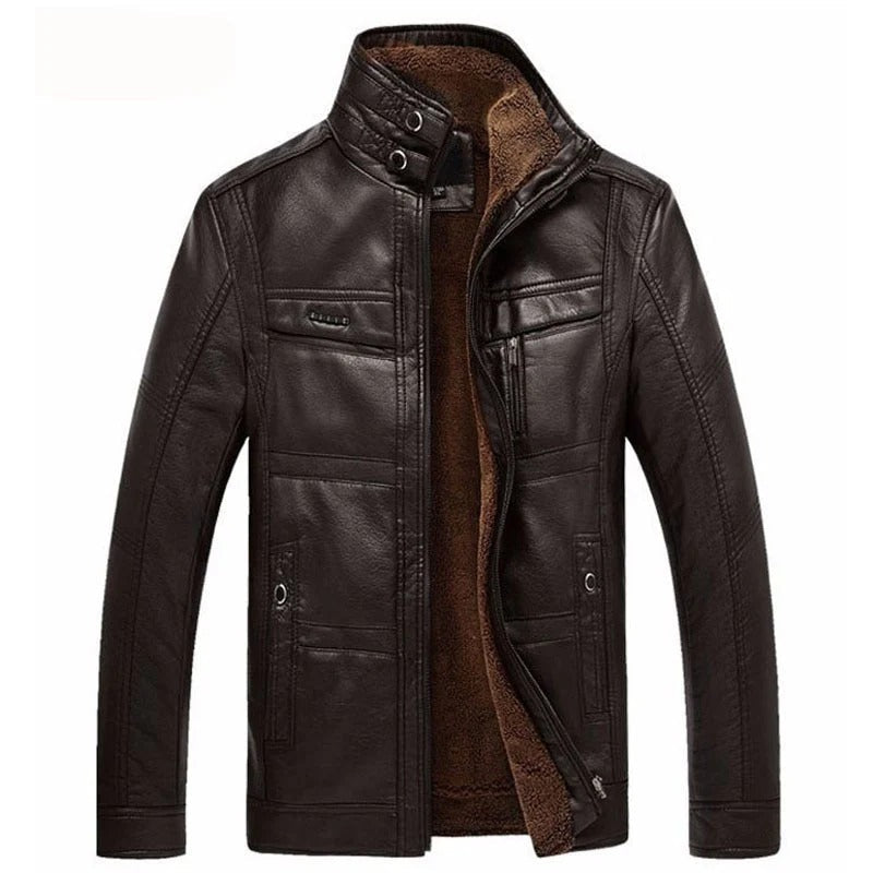Chaqueta de Cuero con Forro Interior Afelpado - Negro